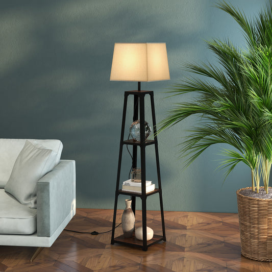 Lampă de Podea din Metal și MDF cu 3 Rafturi și Abajur din Material Textil, Ø42x166 cm, Negru și Bej