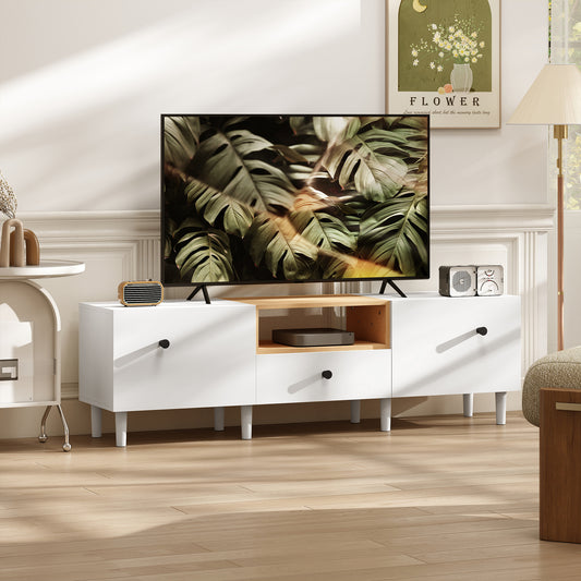 Mobil TV 70" max cu 2 uși rabatabile, sertar și raft deschis, din lemn, 150x35x45 cm, alb și culoare lemn