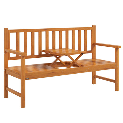 Bancă de Grădină pentru 2-3 Persoane din Lemn de Pin, Bancă de Exterior cu Măsuță Rabatabilă și Brațe, pentru Balcon, Terasă și Grădină, 153x56x91 cm, Maro Deschis