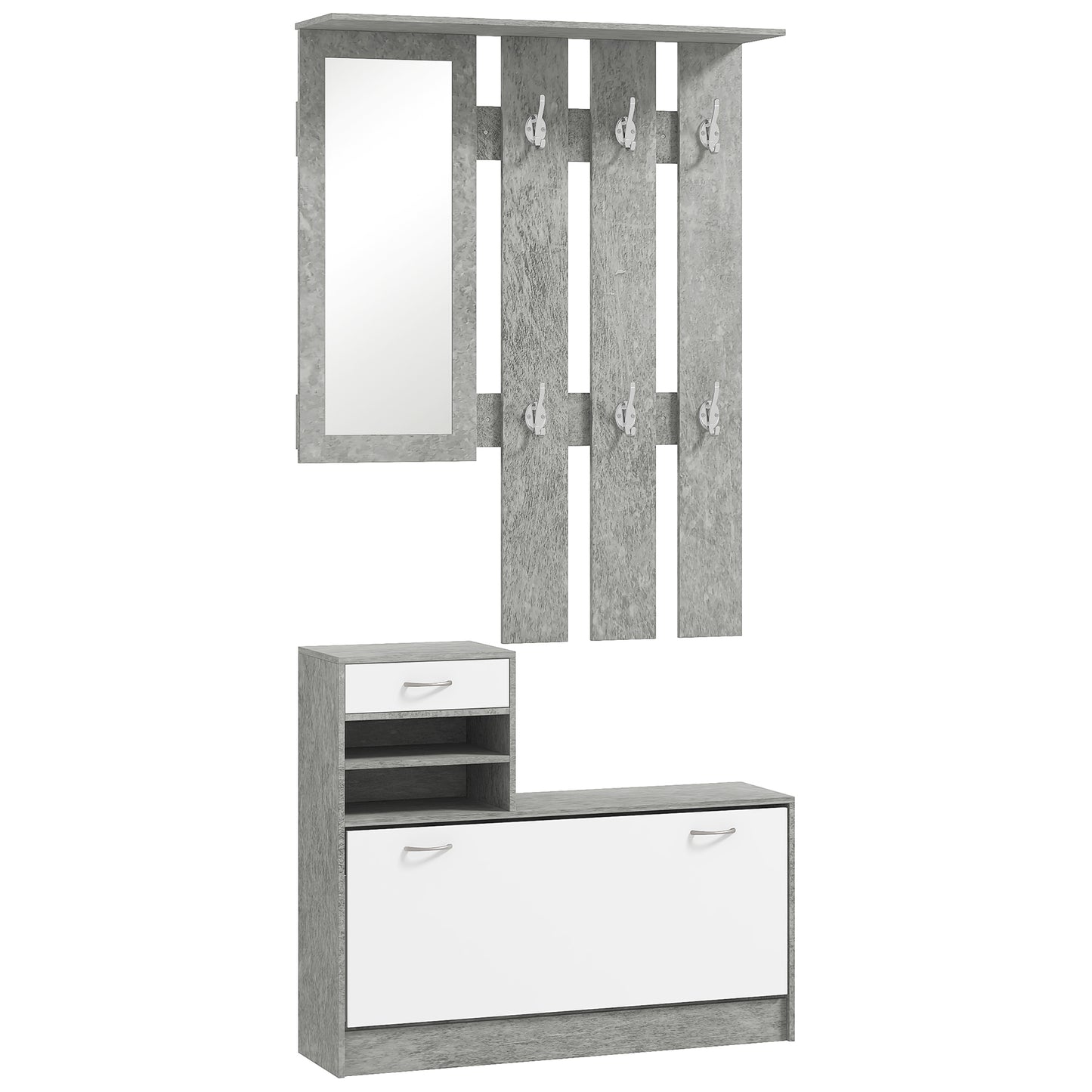 Mobilier pentru Hol cu Raft pentru Încălțăminte, Oglindă, 6 Cârlige, 2 Rafturi și Sertare, 90x24x177 cm, Gri