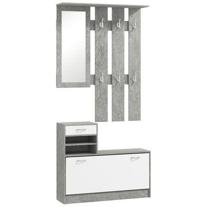 Mobilier pentru Hol cu Raft pentru Încălțăminte, Oglindă, 6 Cârlige, 2 Rafturi și Sertare, 90x24x177 cm, Gri