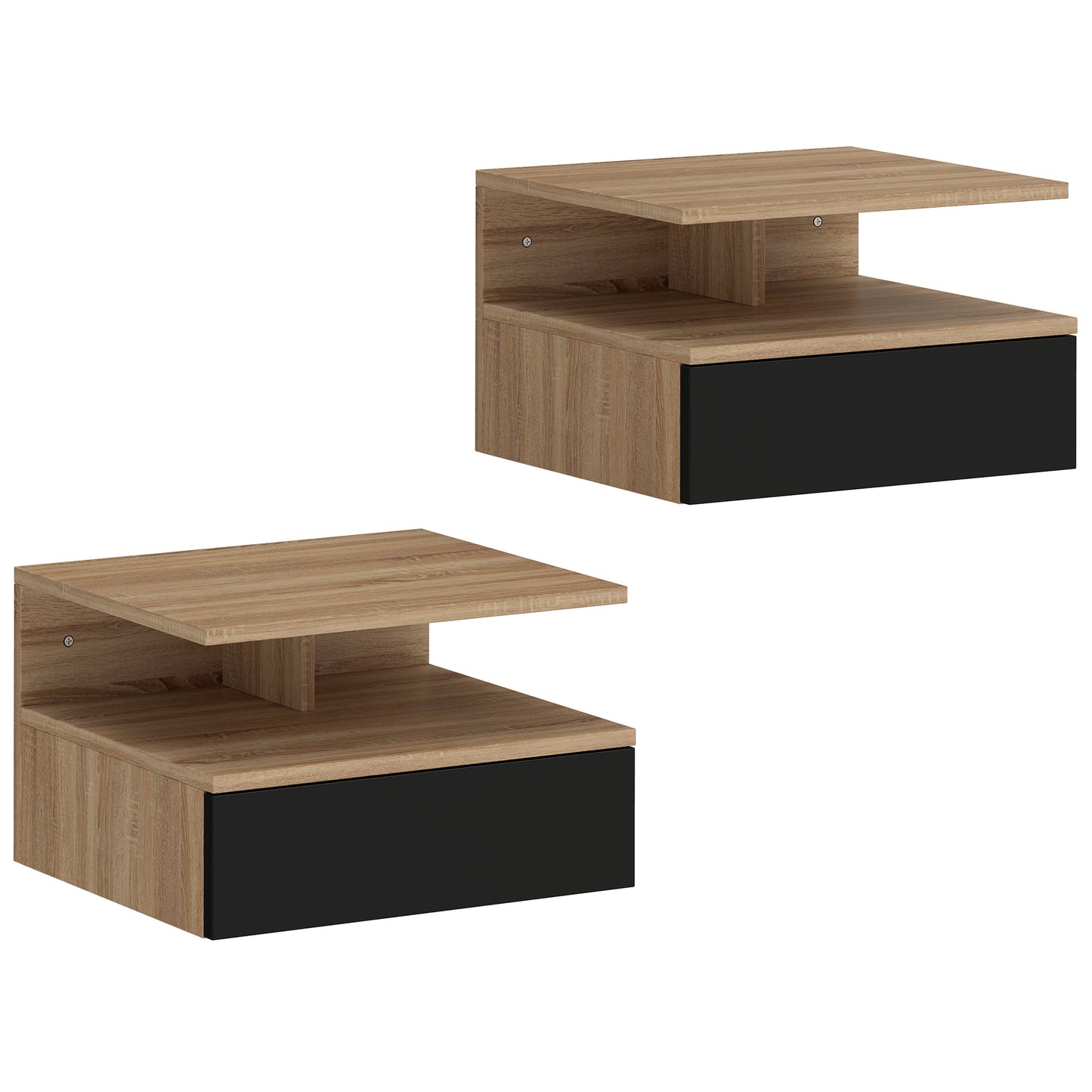 Set de 2 Noptiere Suspendate cu Sertar și Raft Deschis, 35x32x22.5 cm, Negru și Stejar