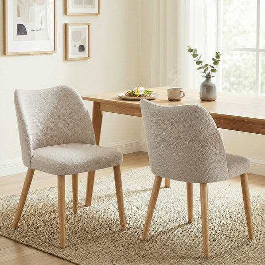Set de 2 Scaune de Masă Moderne, Scaune de Bucătărie cu Tapițerie din In, Șezut Imbătut, Spătar Curbat, Picioare din Lemn de Cauciuc, Ușor de Asamblat, Alb Crem