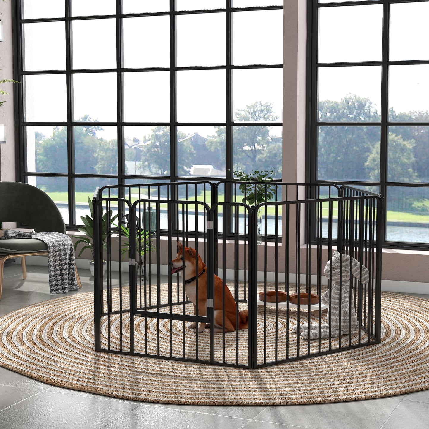 Țarc pentru câini cu 6 panouri modulabile pentru interior și exterior, din oțel, 164x83x80 cm, negru