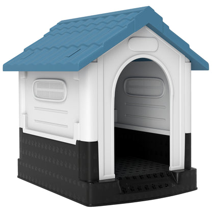 Cușcă pentru Câini de Exterior din Plastic, Căsuță pentru Câini Mici cu Ferestre, Acoperiș Înclinat și Bază Ridicată, 64,5 x 57 x 66 cm, Albastru