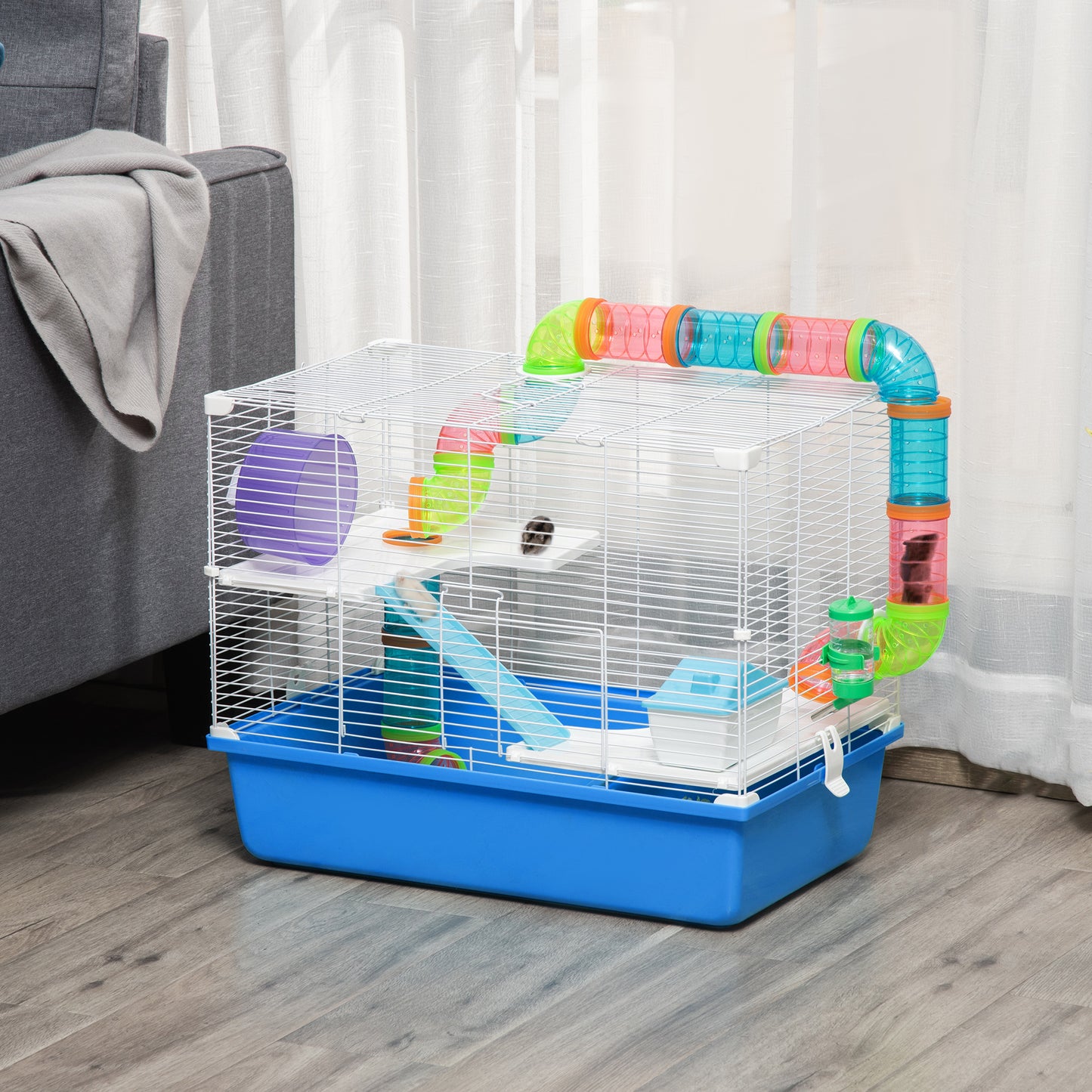 Cușcă pentru Hamsteri cu 3 Nivele, Tub, Roată de Alergat, Sticlă de Apă și Bol de Mancare, 59x36x47 cm, Albastru