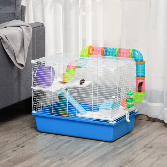Cușcă pentru Hamsteri cu 3 Nivele, Tub, Roată de Alergat, Sticlă de Apă și Bol de Mancare, 59x36x47 cm, Albastru