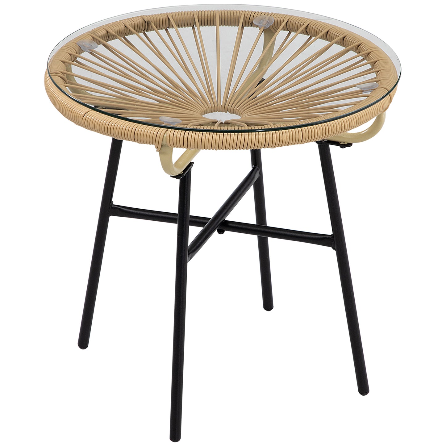 Masa laterala din ratan, Masuta rotunda de cafea pentru exterior, cu ratan rotund PE si blat din sticla securizata pentru terasa, gradina, balcon, negru