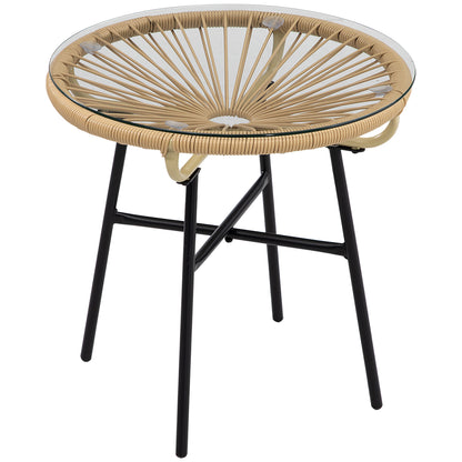 Masa laterala din ratan, Masuta rotunda de cafea pentru exterior, cu ratan rotund PE si blat din sticla securizata pentru terasa, gradina, balcon, negru