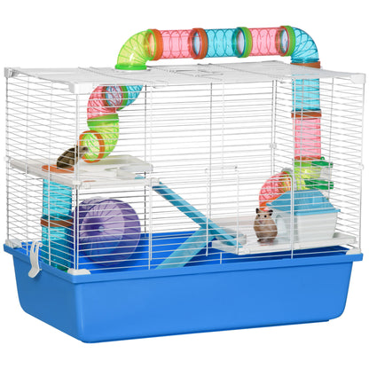 Cușcă pentru Hamsteri cu 3 Nivele, Tub, Roată de Alergat, Sticlă de Apă și Bol de Mancare, 59x36x47 cm, Albastru