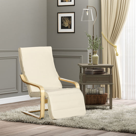 Fotoliu Relax cu Suport pentru Picioare Reglabil pe 5 Niveluri și Tetieră, Cadru din Lemn de Mesteacăn și Țesătură, 66,5x94x100 cm, Crem