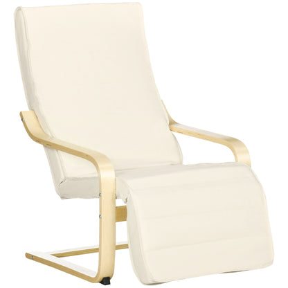 Fotoliu Relax cu Suport pentru Picioare Reglabil pe 5 Niveluri și Tetieră, Cadru din Lemn de Mesteacăn și Țesătură, 66,5x94x100 cm, Crem