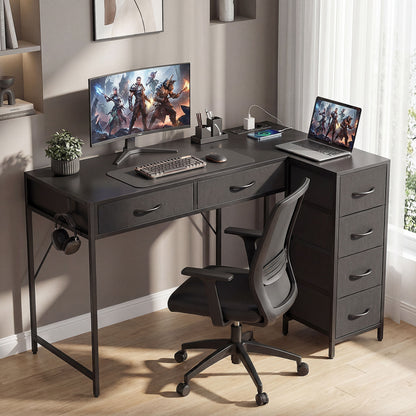 Birou de Colț Reversibil cu Prize de Curent și Porturi USB, 126 x 48 cm, Birou în Formă de L cu 6 Sertare din Material Textil, Cârlig Lateral, pentru Computer, Birou, Studiu, Acasă, Negru