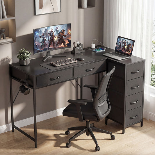 Birou de Colț Reversibil cu Prize de Curent și Porturi USB, 126 x 48 cm, Birou în Formă de L cu 6 Sertare din Material Textil, Cârlig Lateral, pentru Computer, Birou, Studiu, Acasă, Negru