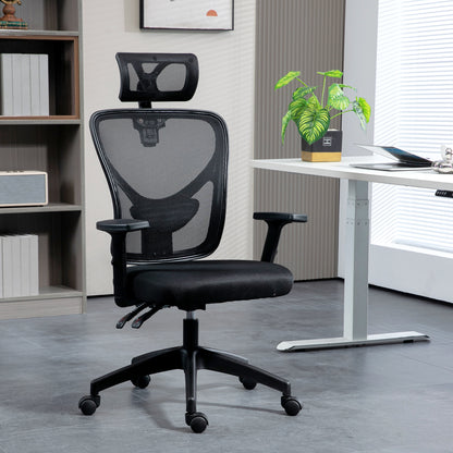 Scaun de birou ergonomic cu înălțime reglabilă, suport lombar și tetieră, 66x61x106-116cm, negru