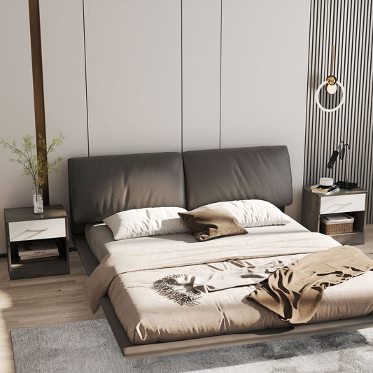 Set de 2 Noptiere Moderne cu Raft Deschis și Sertar, din Lemn, 39x28x41 cm, Alb și Gri Închis
