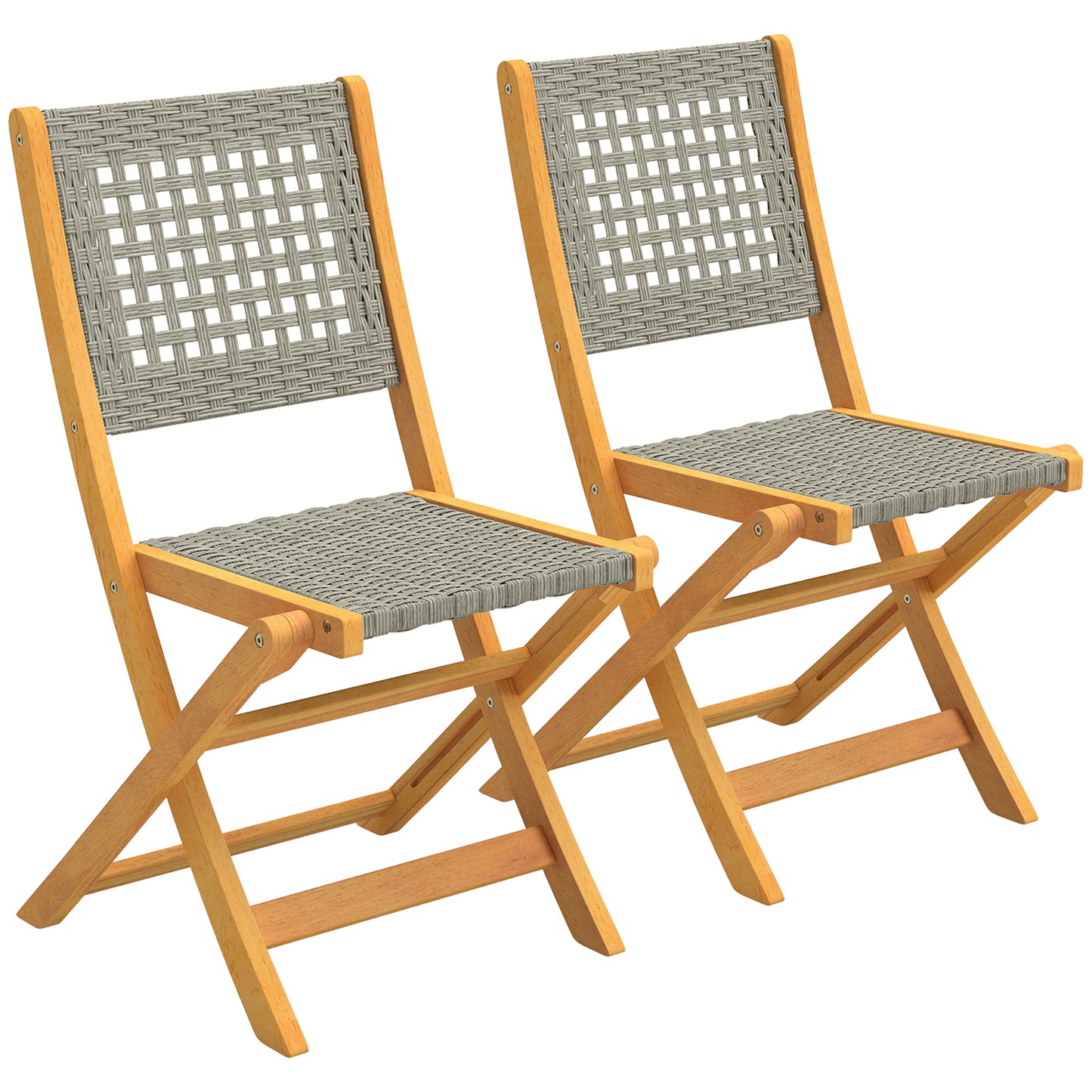 Set de 2 Scaune de Grădină din Ratan PE, Scaune Pliabile de Exterior, Structură din Lemn de Salcâm, pentru Balcon, Terasă, Suport până la 160 kg, Gri