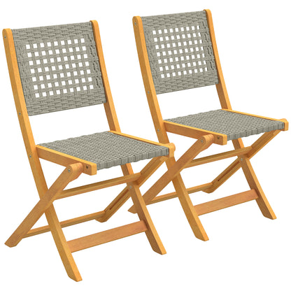 Set de 2 Scaune de Grădină din Ratan PE, Scaune Pliabile de Exterior, Structură din Lemn de Salcâm, pentru Balcon, Terasă, Suport până la 160 kg, Gri