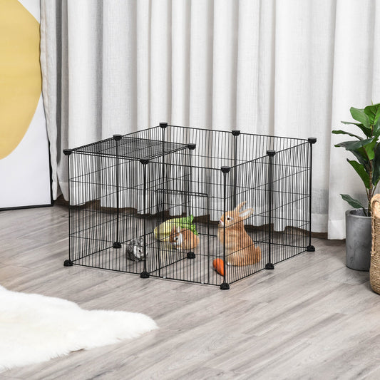Cușcă pentru Iepuri și Animale Mici cu 22 Panouri Modulare din Metal cu Ușă, 105x70x45 cm, Negru