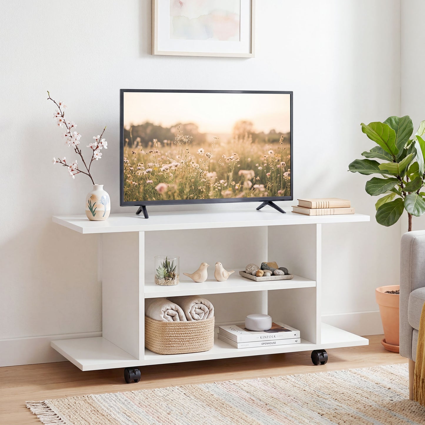 Mobilier unghiular cu roți și rafturi, până la 42", alb