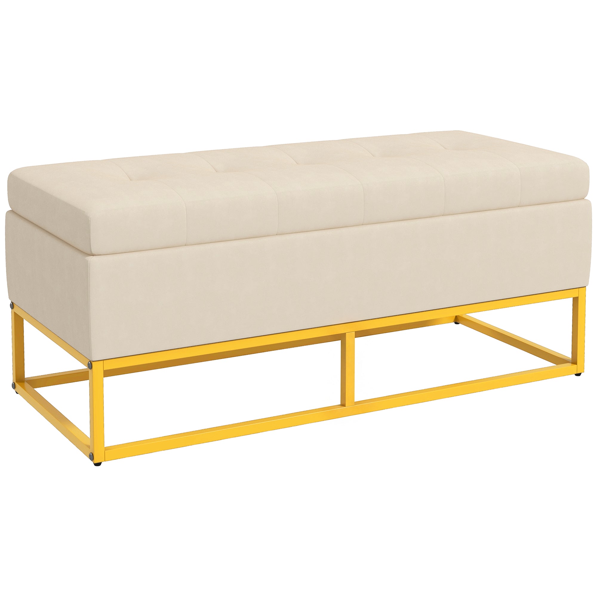 Bancă dreptunghiulară cu spațiu de depozitare, șezut tapițat și picioare din oțel, 110x44x49 cm, bej