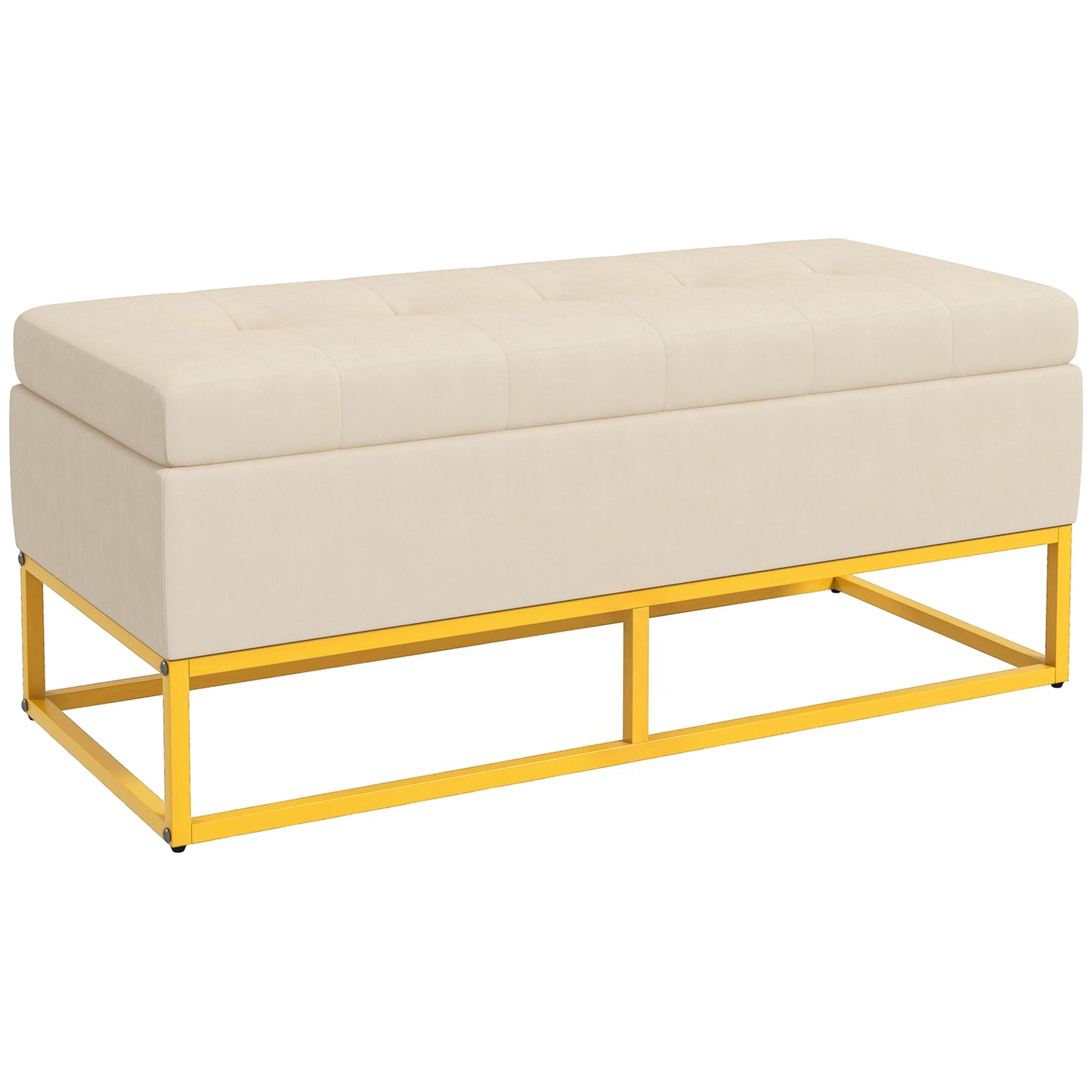 Bancă dreptunghiulară cu spațiu de depozitare, șezut tapițat și picioare din oțel, 110x44x49 cm, bej