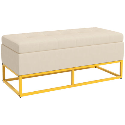 Bancă dreptunghiulară cu spațiu de depozitare, șezut tapițat și picioare din oțel, 110x44x49 cm, bej