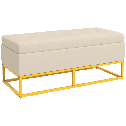 Bancă dreptunghiulară cu spațiu de depozitare, șezut tapițat și picioare din oțel, 110x44x49 cm, bej