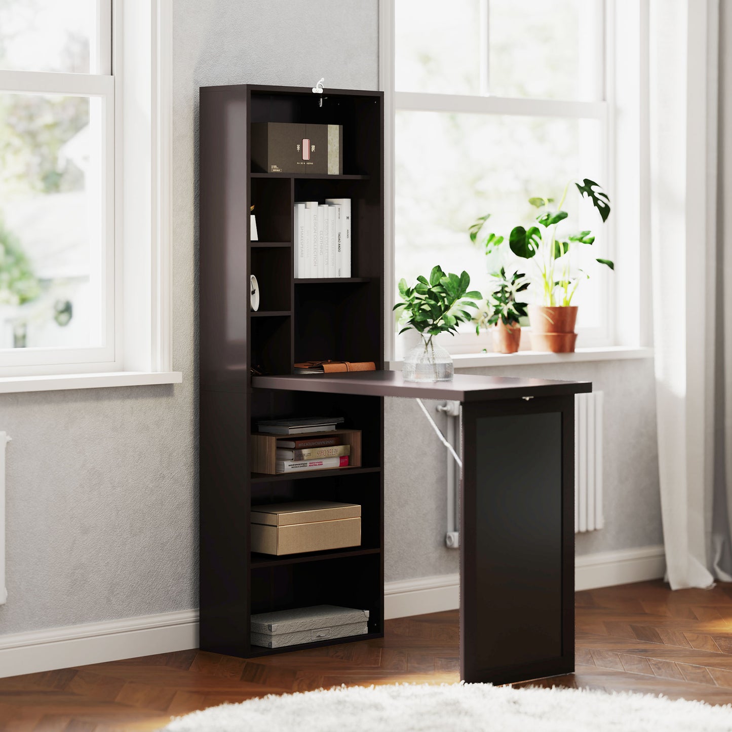 Birou Modern Pliabil cu Bibliotecă și Tablă, din Lemn și Metal, 98x51x153 cm, Maro