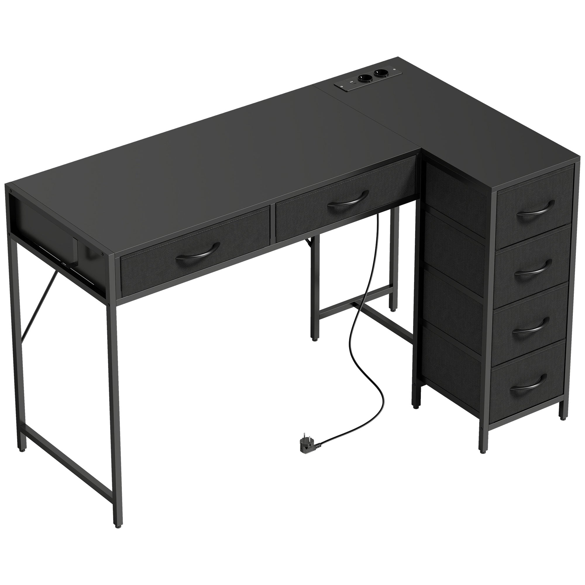 Birou de Colț Reversibil cu Prize de Curent și Porturi USB, 126 x 48 cm, Birou în Formă de L cu 6 Sertare din Material Textil, Cârlig Lateral, pentru Computer, Birou, Studiu, Acasă, Negru