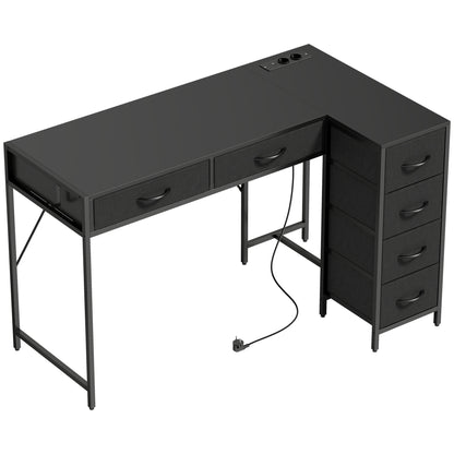 Birou de Colț Reversibil cu Prize de Curent și Porturi USB, 126 x 48 cm, Birou în Formă de L cu 6 Sertare din Material Textil, Cârlig Lateral, pentru Computer, Birou, Studiu, Acasă, Negru