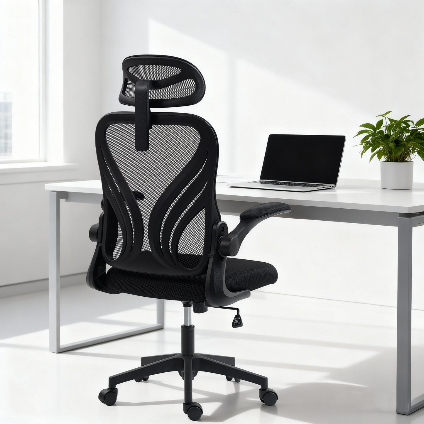 Scaun de Birou Ergonomic cu Brațe Rabatabile, Suport Lombar și Tetieră Reglabilă, Negru