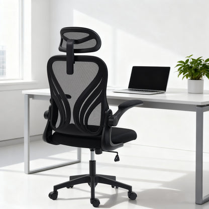 Scaun de Birou Ergonomic cu Brațe Rabatabile, Suport Lombar și Tetieră Reglabilă, Negru