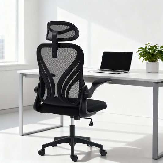Scaun de Birou Ergonomic cu Brațe Rabatabile, Suport Lombar și Tetieră Reglabilă, Negru