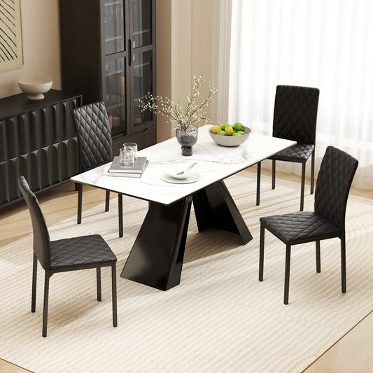 Set de 4 scaune pentru dining din piele sintetică cu cusături romboidale și picioare din metal, negru