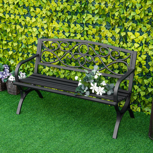 Bancuta pentru gradina 2 locuri din otel si fonta cu brate si decoratiune, 128x58.5x85cm, negru