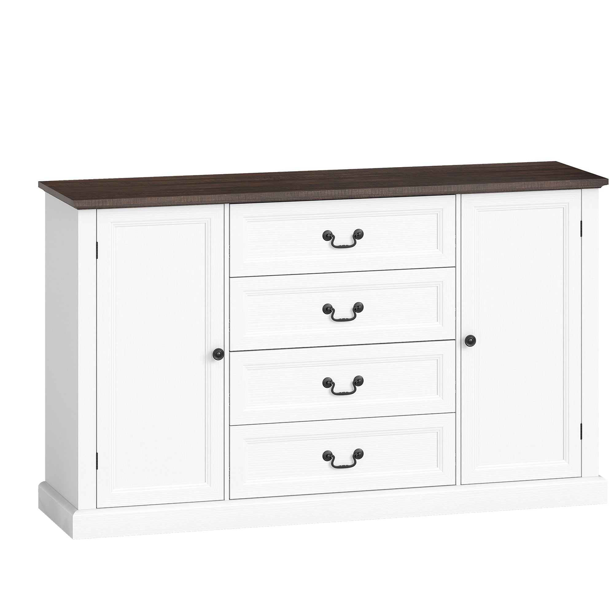 Credență de Bucătărie, Mobilier de Bucătărie cu 4 Sertare Soft Close, Blat Gros, Bufet cu Rafturi Reglabile, Stil Rustic, pentru Sufragerie, Sala de Mese, 147x40x87 cm, Alb