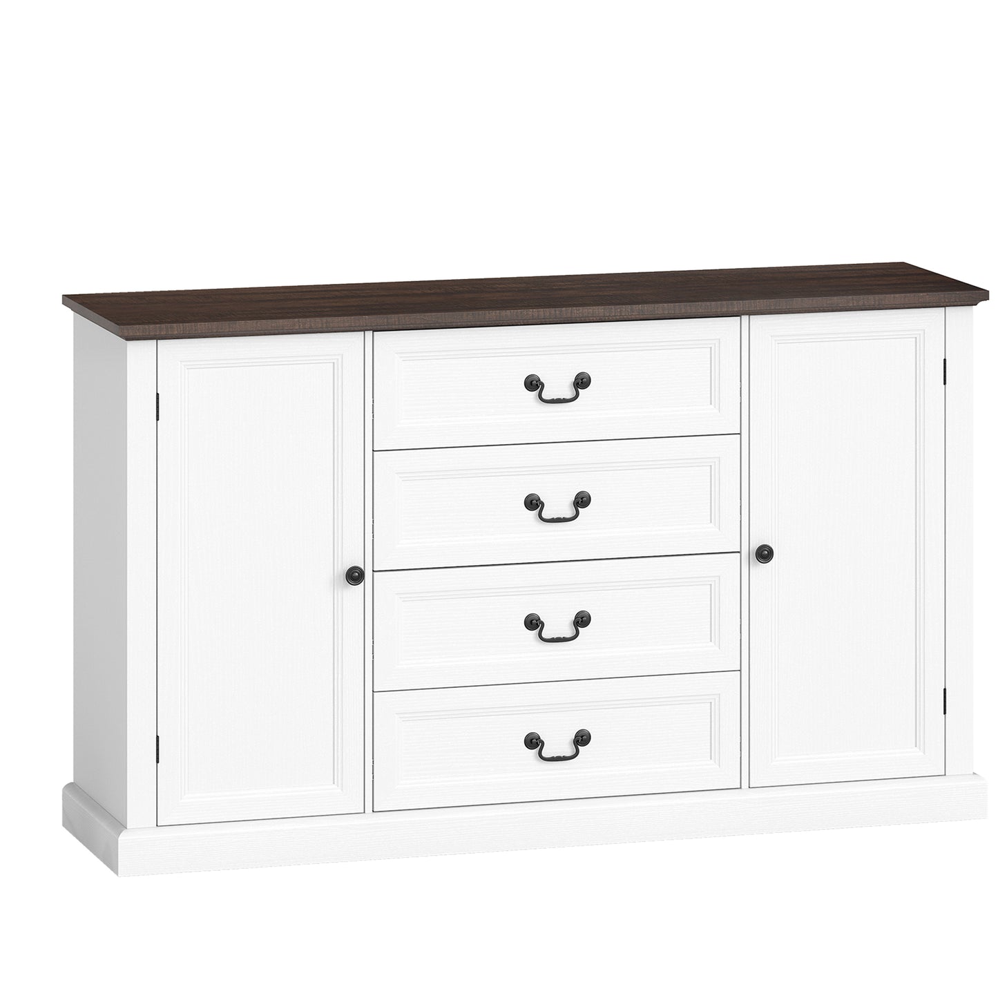 Credență de Bucătărie, Mobilier de Bucătărie cu 4 Sertare Soft Close, Blat Gros, Bufet cu Rafturi Reglabile, Stil Rustic, pentru Sufragerie, Sala de Mese, 147x40x87 cm, Alb