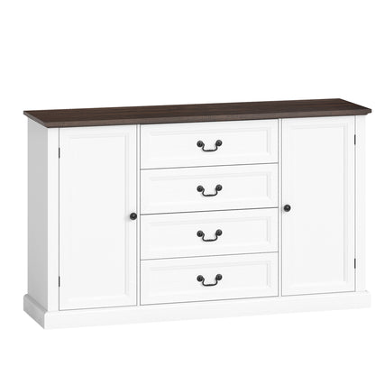 Credență de Bucătărie, Mobilier de Bucătărie cu 4 Sertare Soft Close, Blat Gros, Bufet cu Rafturi Reglabile, Stil Rustic, pentru Sufragerie, Sala de Mese, 147x40x87 cm, Alb