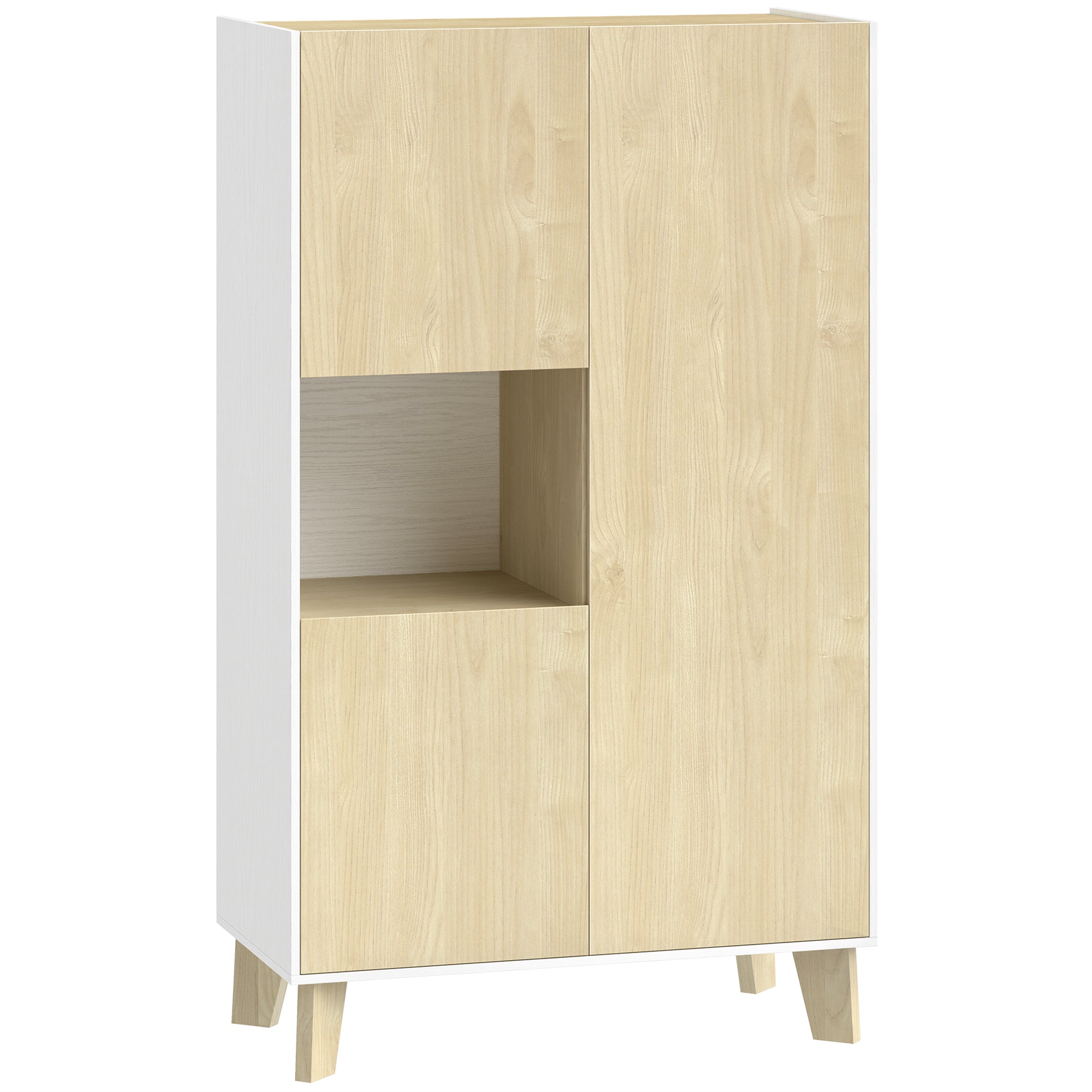 Servantă de Bucătărie, Mobilier de Bucătărie cu 6 Compartimente cu Uși Soft Close pentru Living, Sufragerie, Alb și Lemn