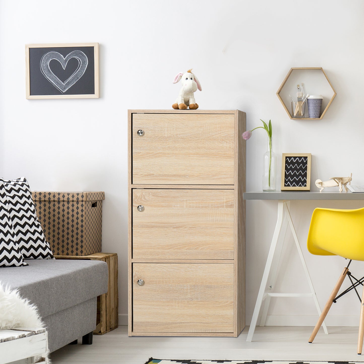Dulap Multifunctional Lemn Natural – 3 Rafturi & Usi pentru Casa sau Birou
