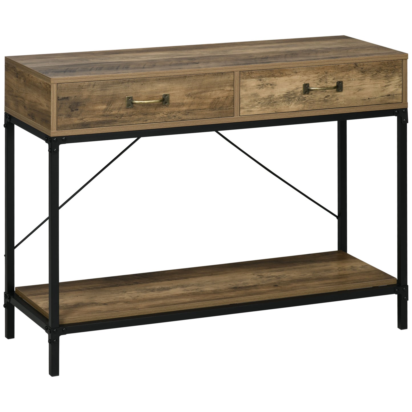Masa Consola Vintage – Lemn & Metal cu Sertare & Raft