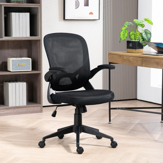 Scaun de birou ergonomic cu înălțime reglabilă, brațe rabatabile și material textil tip plasă, negru