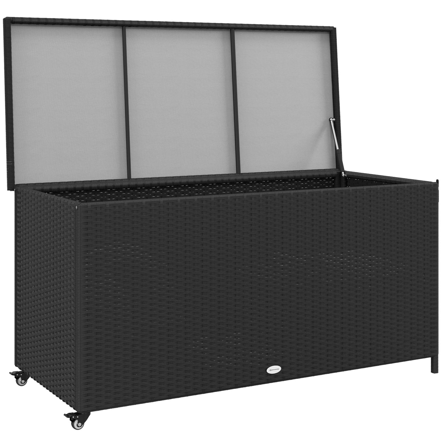 Cutie de Depozitare pentru Exterior cu Roți, Bară Pneumatică de Ridicare și Mâner Lateral, 121x57x67 cm, Negru