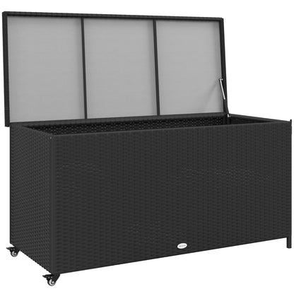 Cutie de Depozitare pentru Exterior cu Roți, Bară Pneumatică de Ridicare și Mâner Lateral, 121x57x67 cm, Negru