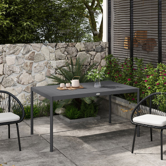 Masă de Grădină cu Lamele, Dimensiuni 145x90 cm, Masă de Dining pentru 6 Persoane, Rectangulară, din Aluminiu și Oțel, pentru Curte, Terasă, Balcon și Exterior, Gri Închis