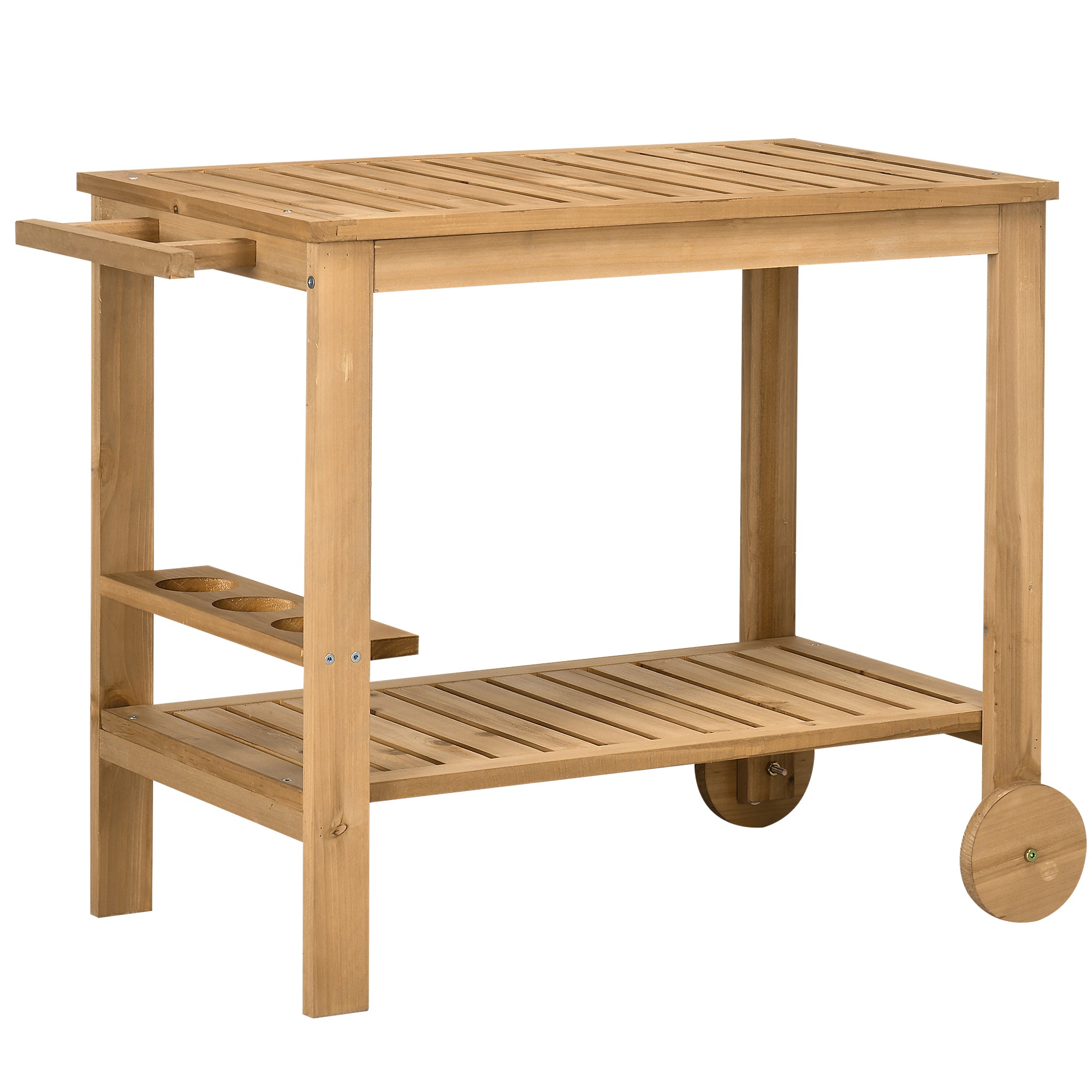 Cărucior de Servire pentru Grădină din Lemn de Brad, Cărucior cu Rafturi și Suport pentru Sticle, 95x47x74 cm, Natural