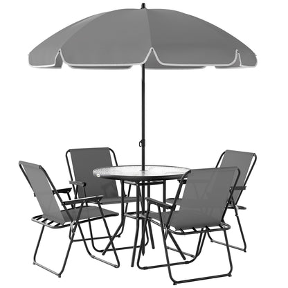 Set de Grădină 6 Piese din Oțel cu 4 Scaune Pliabile, Umbrelă și Masă Rotundă, Gri și Negru