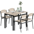 Set de masa din 5 Piese cu 1 masa dreptunghiulara 100x63x76.5 cm si 4 Scaune 45x40x82 cm, din otel si MDF, Negru si lemn natural
