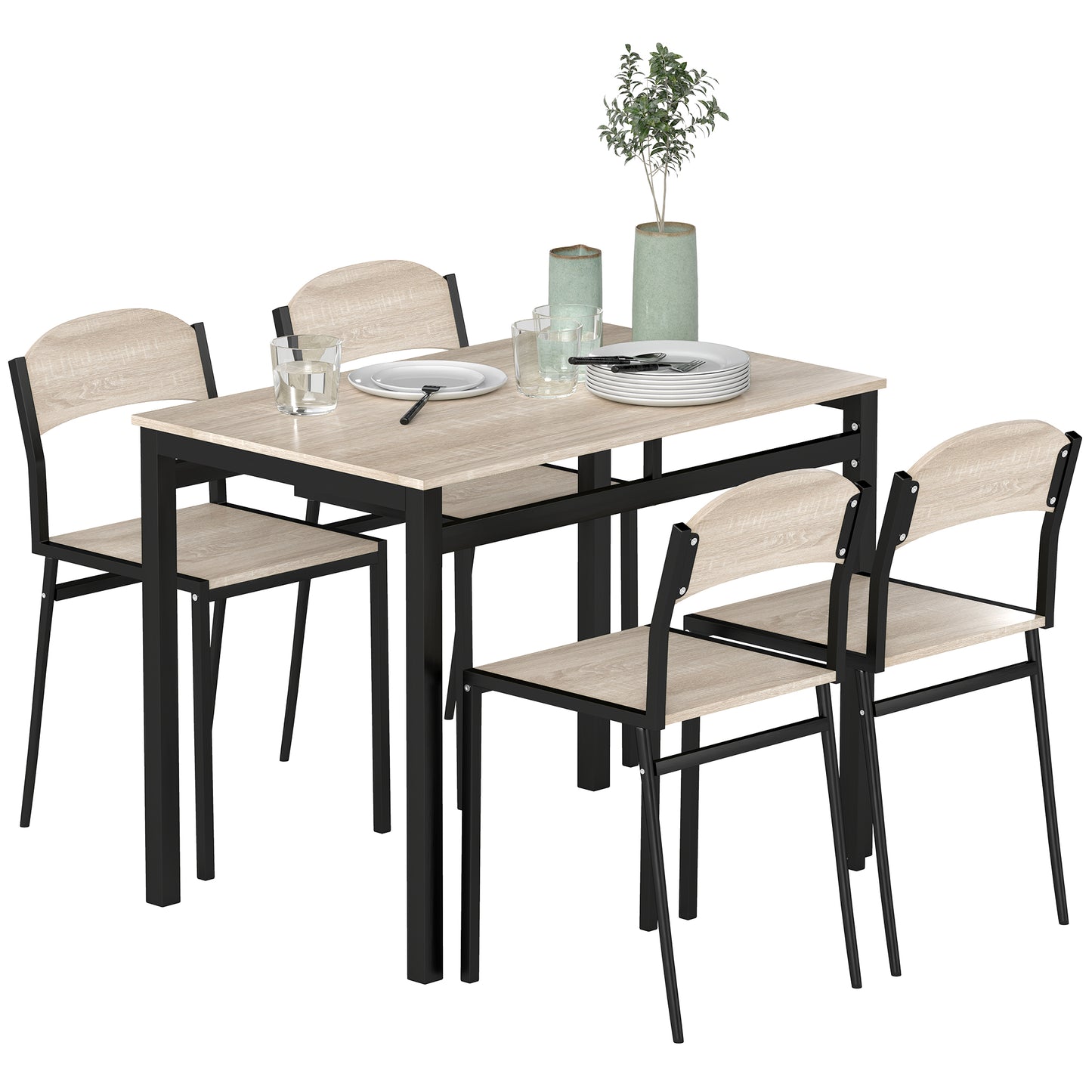 Set de masa din 5 Piese cu 1 masa dreptunghiulara 100x63x76.5 cm si 4 Scaune 45x40x82 cm, din otel si MDF, Negru si lemn natural